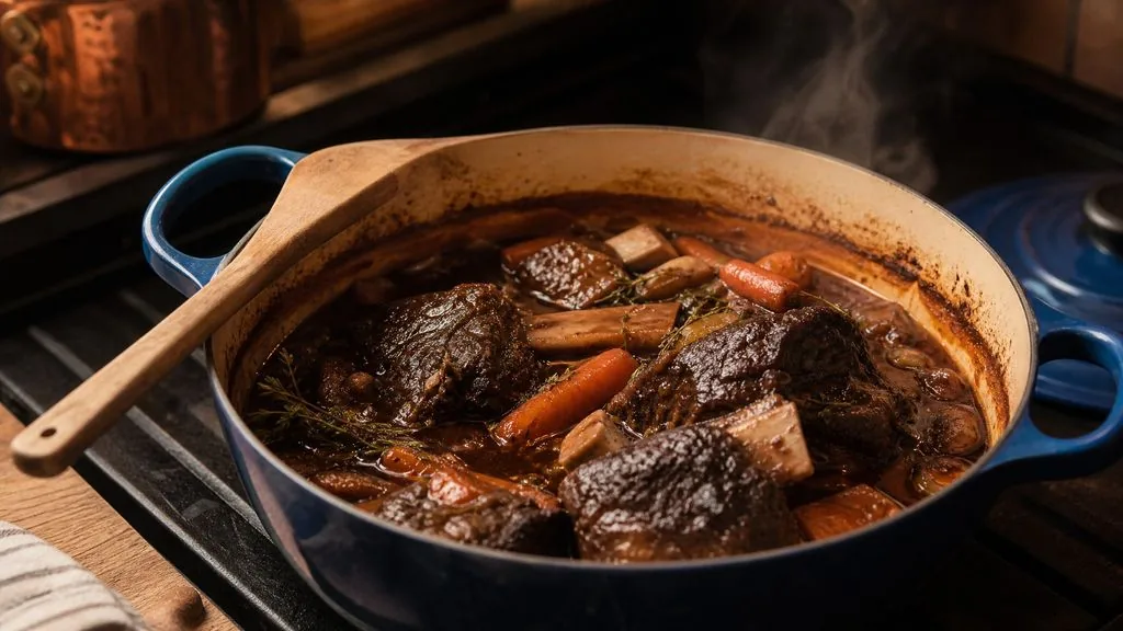 Beef braise in a Lodge 6 Qt after three hours: moisture cycling, tender meat, rich brown gravy