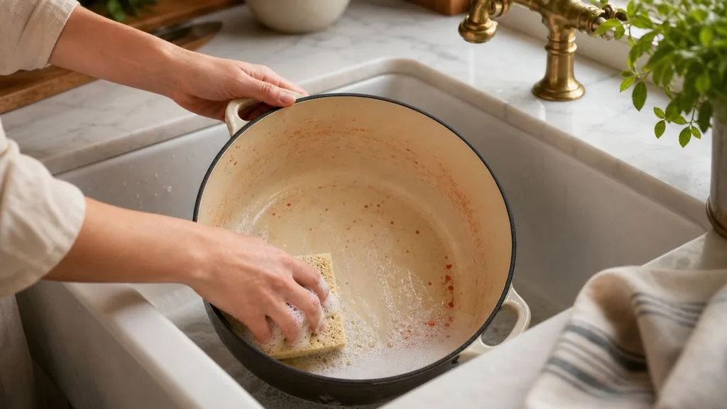 Cleanup reality: cream enamel shows tomato staining &mdash; a soft sponge and baking soda paste take it back to new