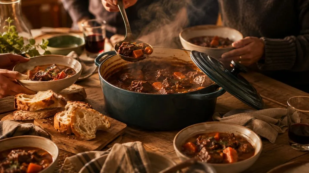 Sunday dinner straight from the pot: a 6 qt dutch oven holds a stew for four with leftovers, and goes from oven to table