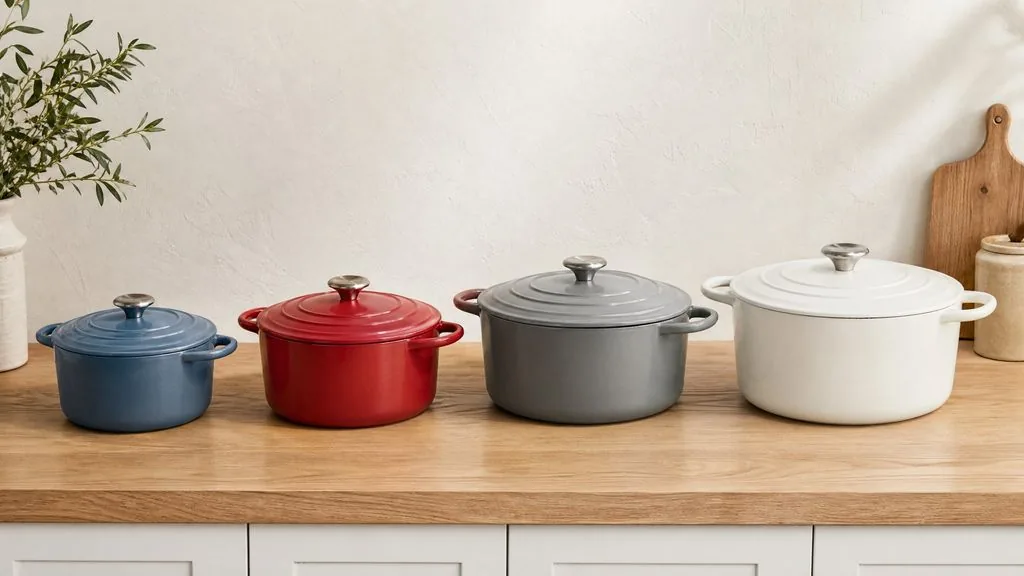 The size range: Combo (3.2 qt), mid (5.5 qt), family default (6 qt), and batch-cooking (7 qt)