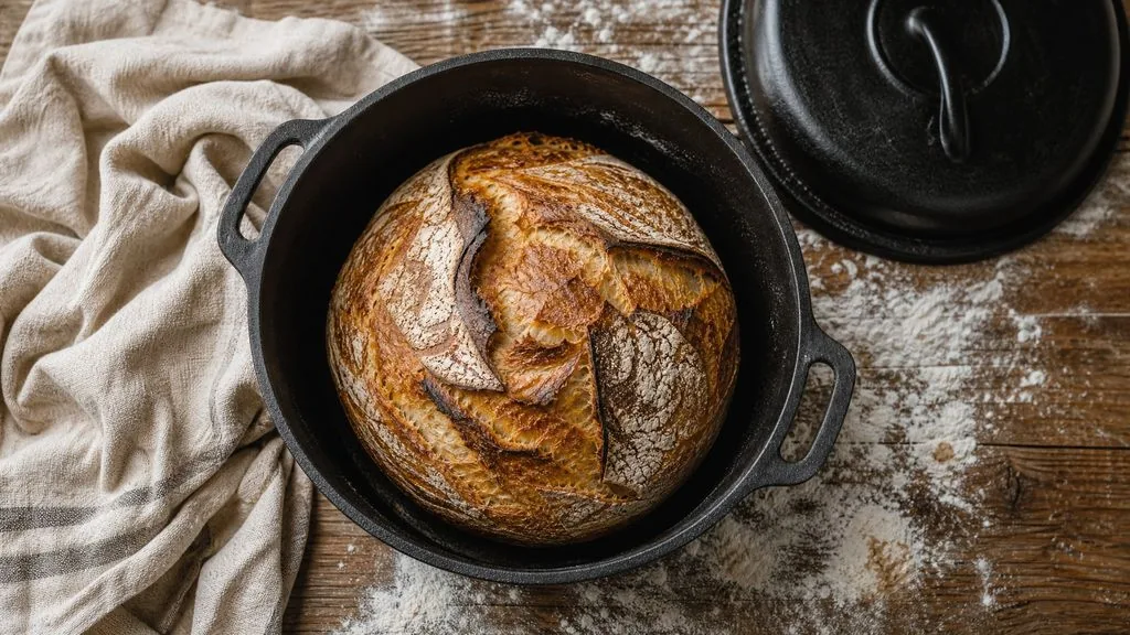 Lodge Combo Cooker with a 750 g loaf: oven spring from the sealed pot, crackly crust from the final 20 minutes uncovered